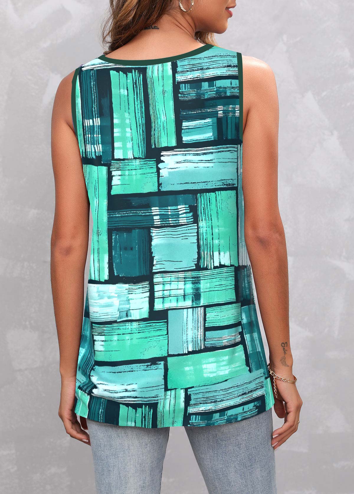 Green tops,Geometric tops,ROTITA Circular Ring Geometric Print Green Tank Top