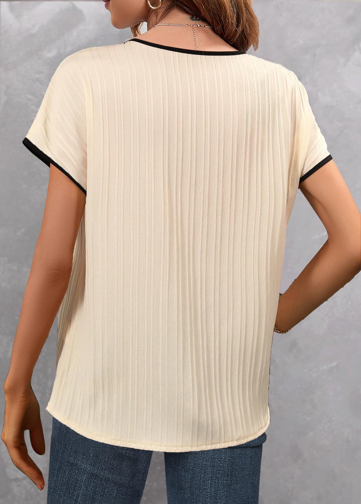 Beige tops,Plain Color tops,ROTITA Contrast Binding Beige Split Neck Short Sleeve Blouse