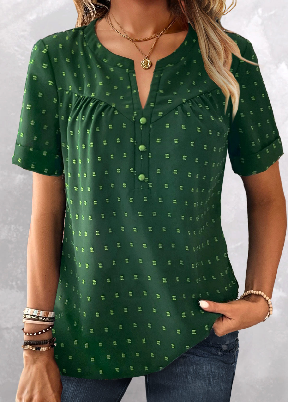 ROTITA Button Green Split Neck Short Sleeve Blouse