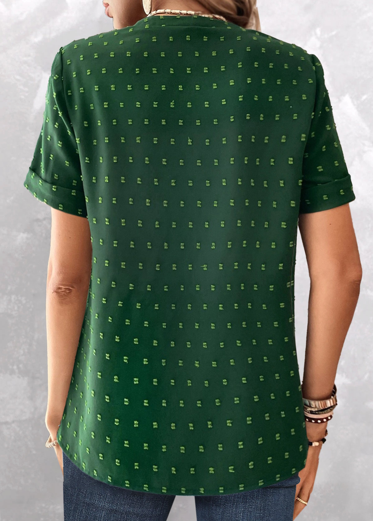 Green tops,Plain Color tops,ROTITA Jacquard Green Split Neck Short Sleeve Blouse