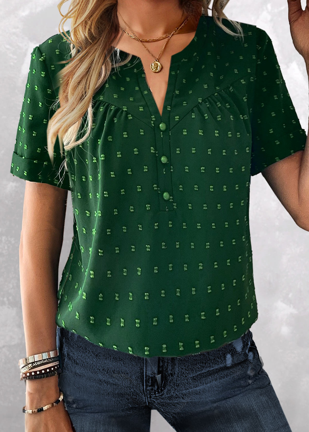 Green tops,Plain Color tops,ROTITA Jacquard Green Split Neck Short Sleeve Blouse