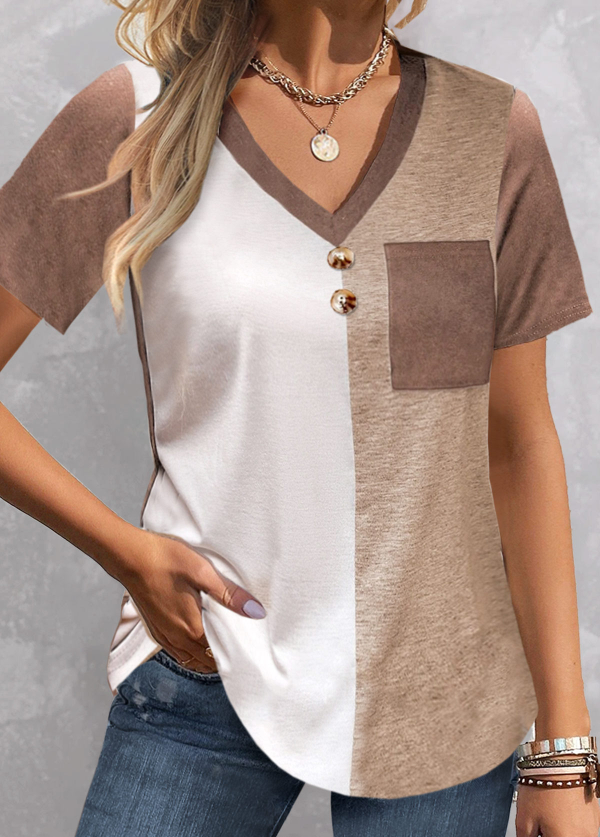 ROTITA Pocket Light Camel V Neck T Shirt