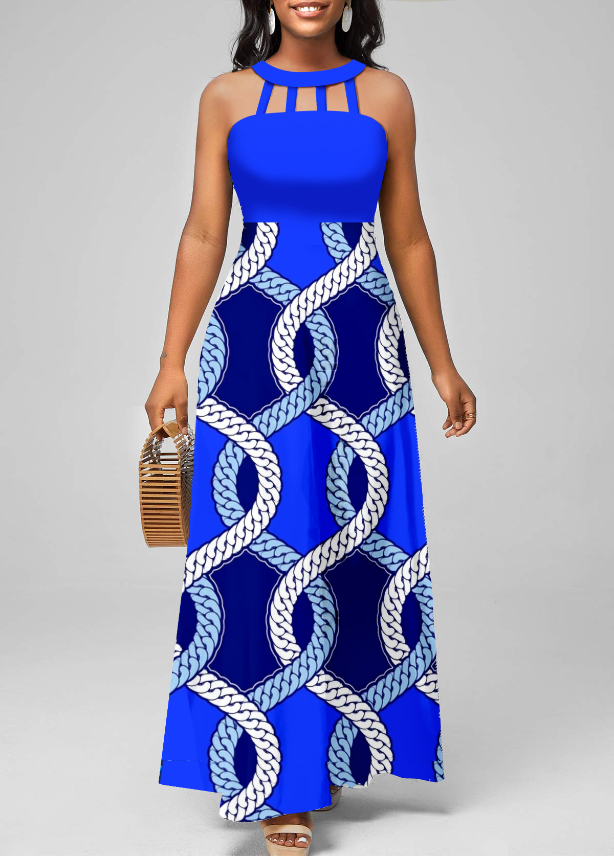 ROTITA Cage Neck Tribal Print Royal Blue Maxi Dress