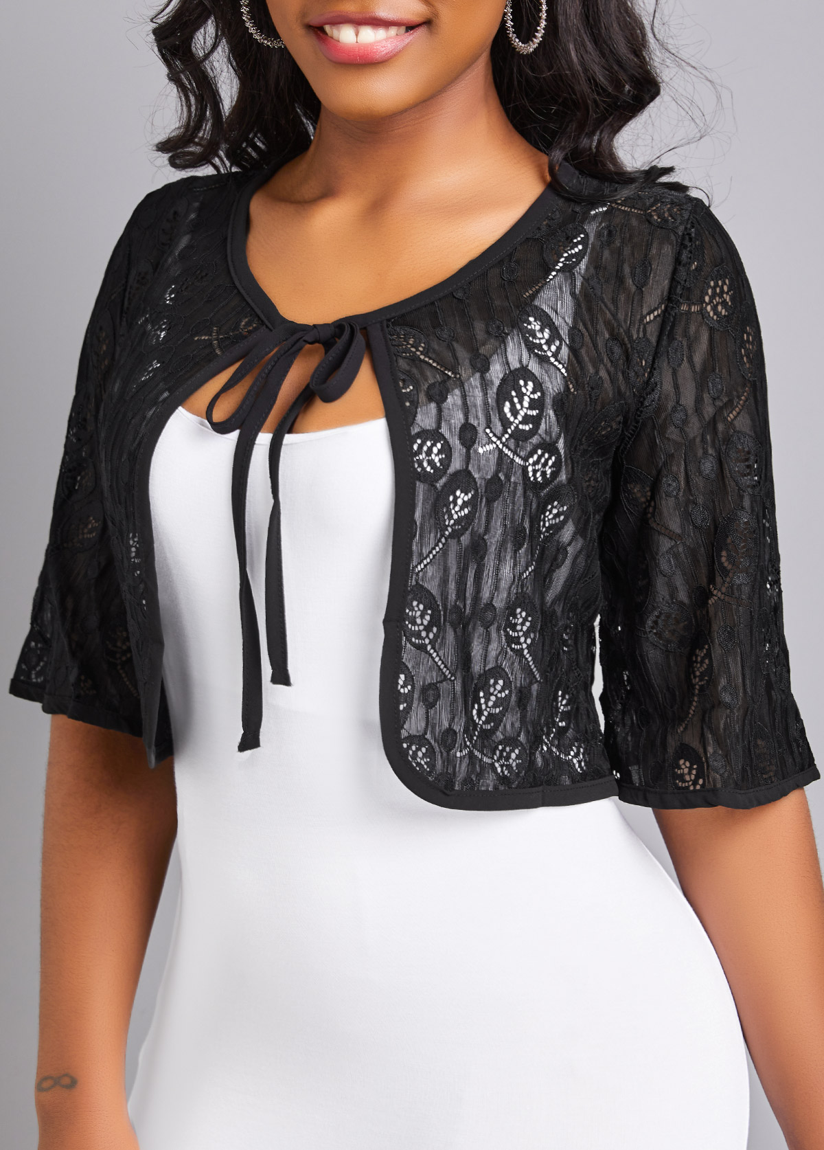 Black outerwear & coats,Plain Color outerwear & coats,Black Scoop Neck Lace Half Sleeve Coat