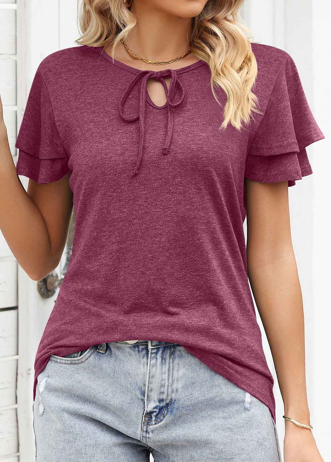 Wine Red tops,Plain Color tops,Layered Wine Red V Neck T Shirt