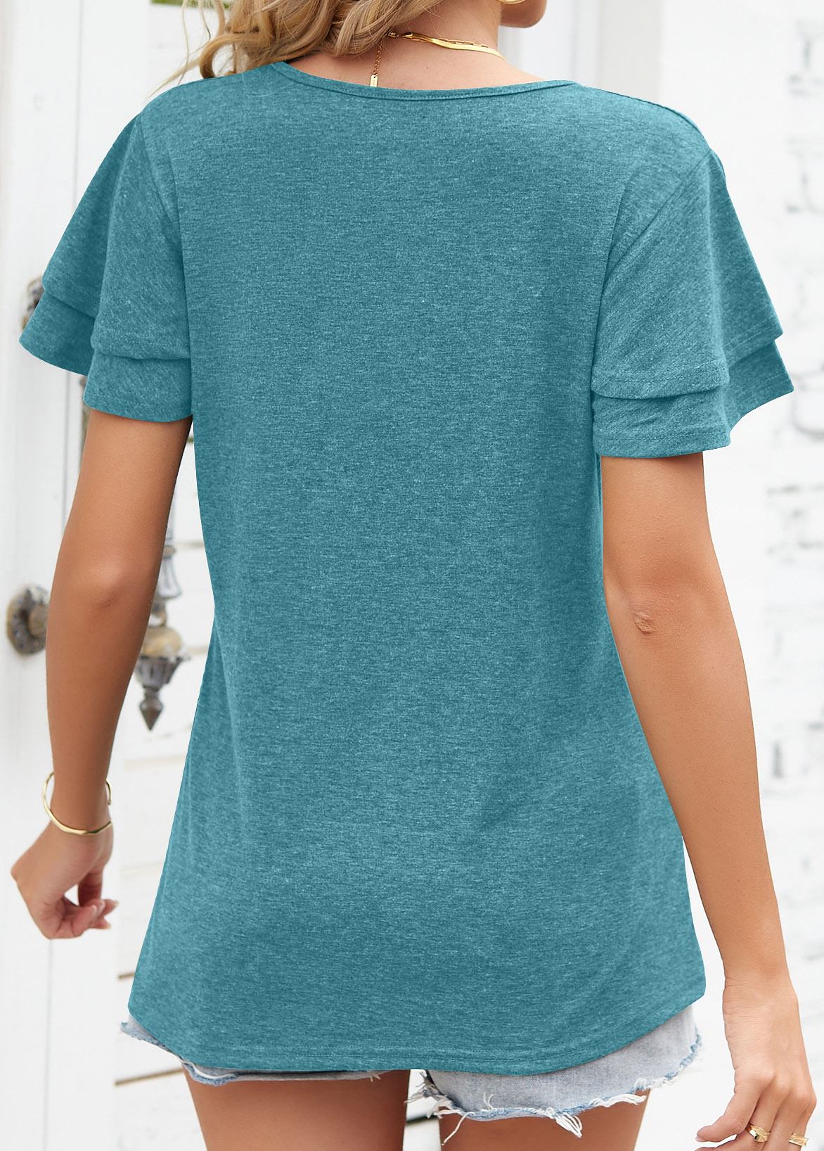 Green tops,Plain Color tops,Layered Green V Neck Short Sleeve T Shirt