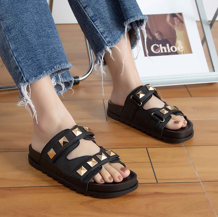 Black accessories,Geometric accessories,Falt Black Open Toe Slippers