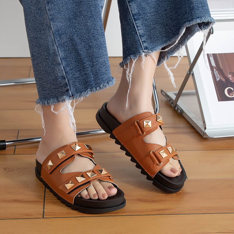 Dark Camel accessories,Geometric accessories,Camel Dark Falt Open Toe Slippers