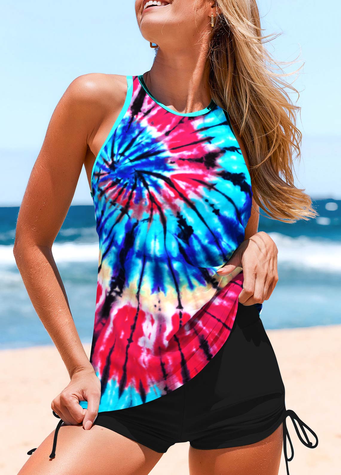 Multi Color swimwear,Tie Dye swimwear,ROTITA Cut Out Multi Color Tankini Top