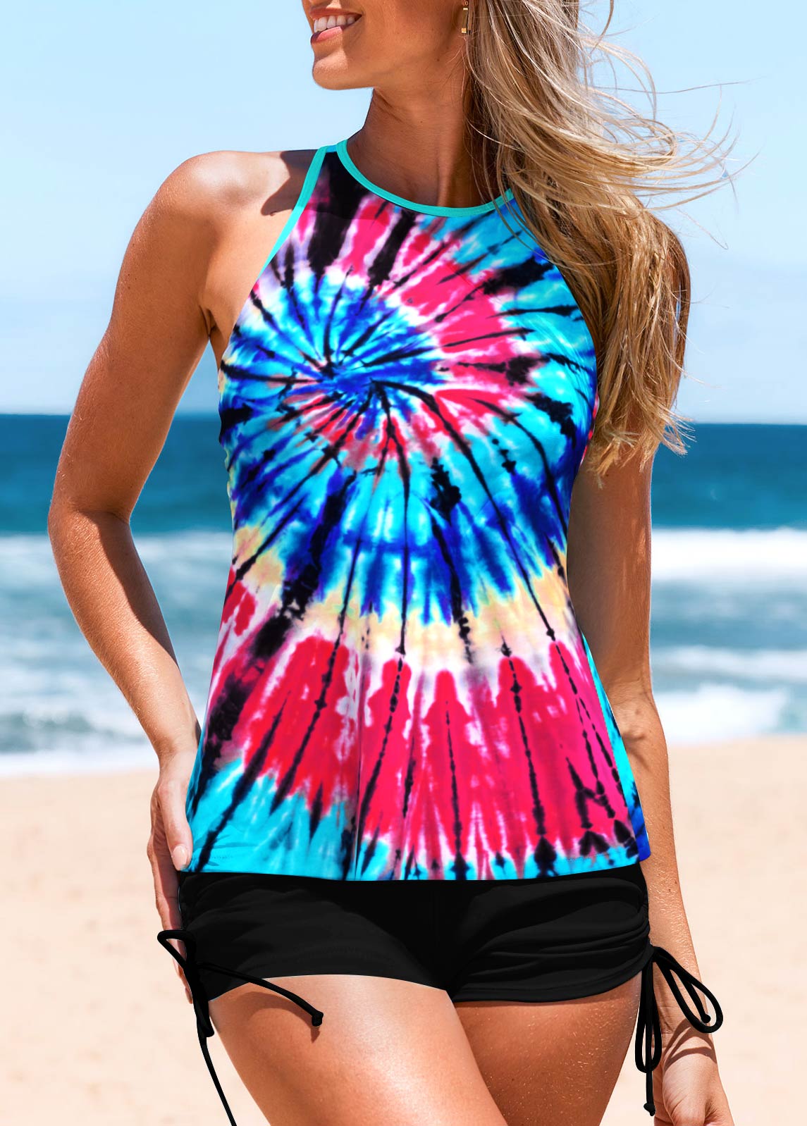 Multi Color swimwear,Tie Dye swimwear,ROTITA Cut Out Multi Color Tankini Top