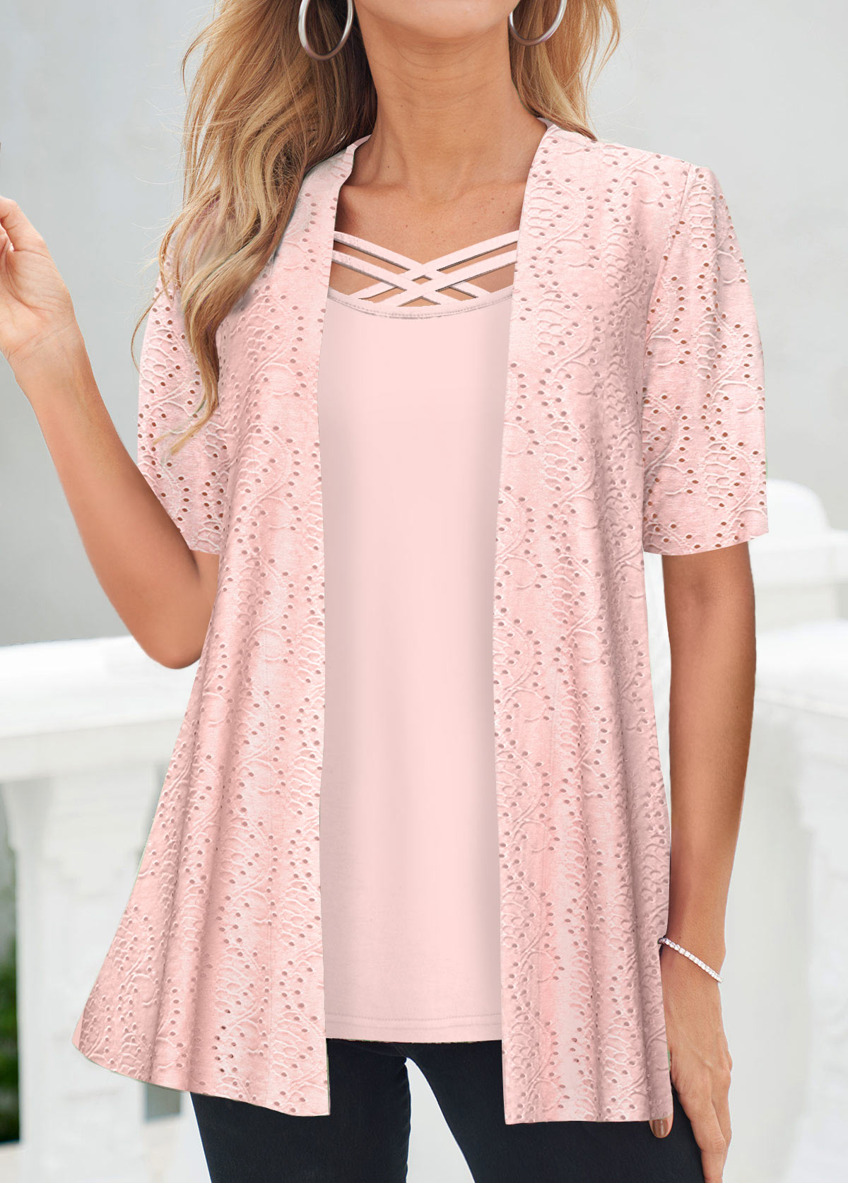 Light Pink tops,Plain Color tops,ROTITA Fake 2in1 Light Pink Square Neck T Shirt