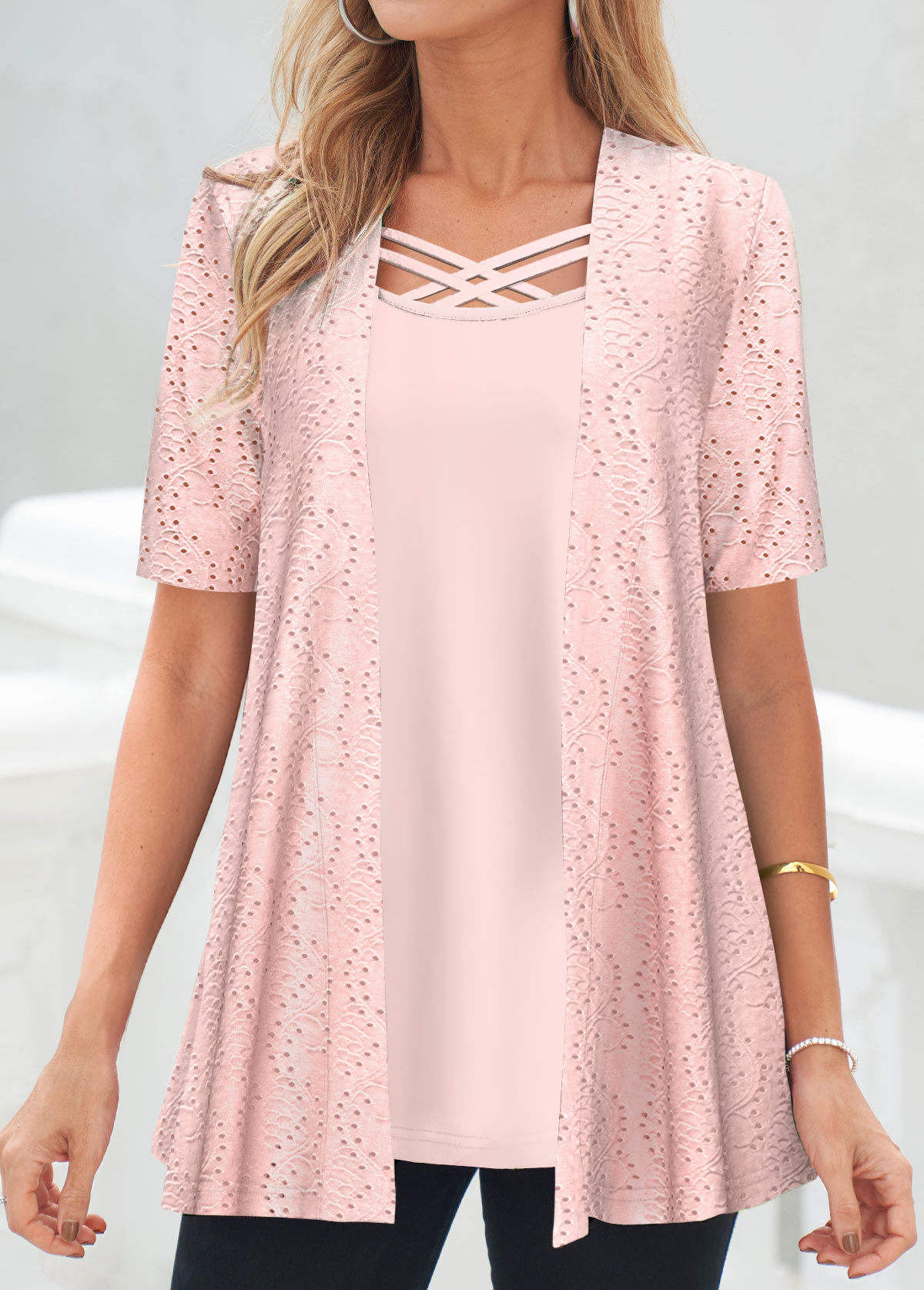 Light Pink tops,Plain Color tops,ROTITA Fake 2in1 Light Pink Square Neck T Shirt