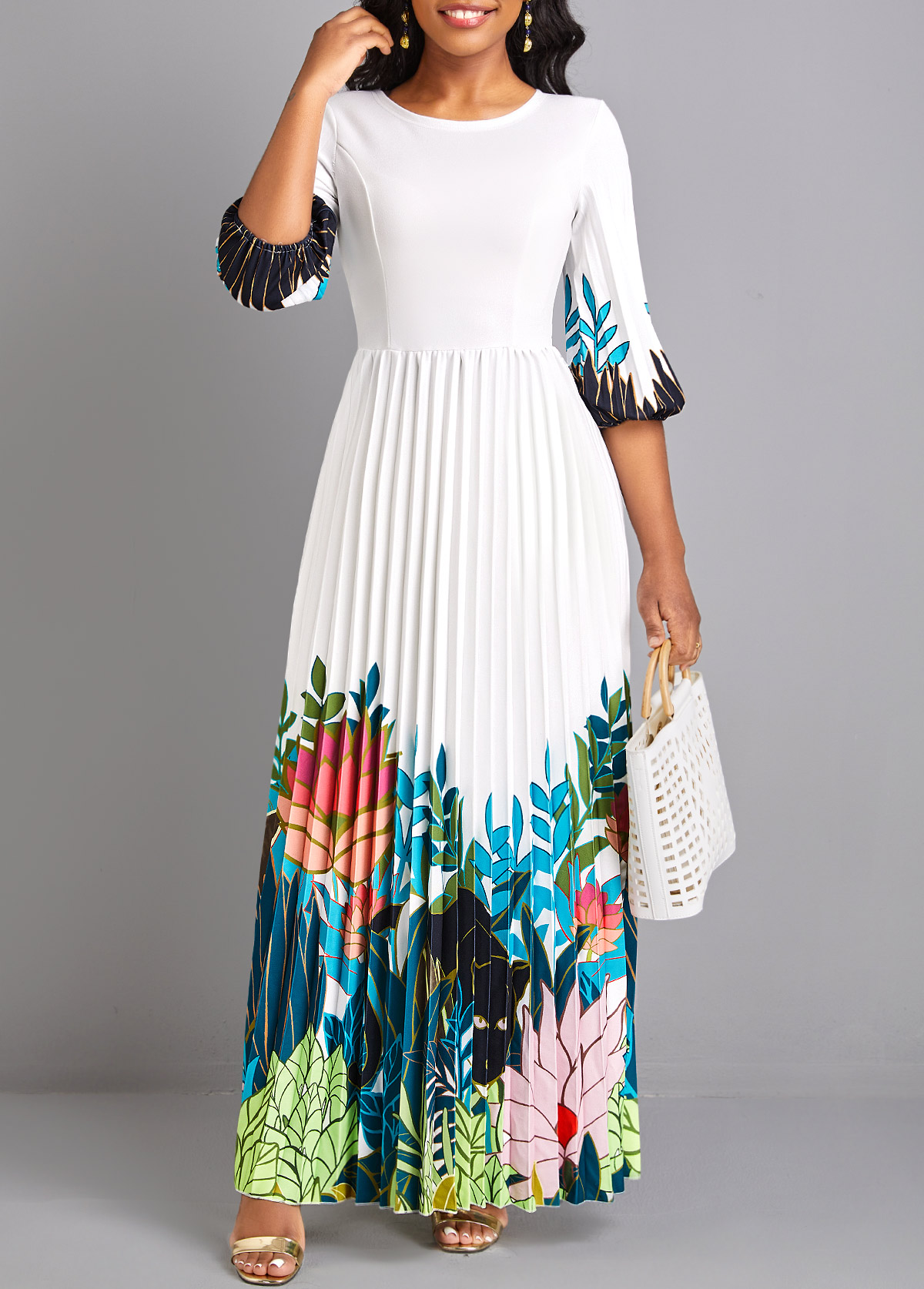 ROTITA Pleated Floral Print White Round Neck Maxi Dress