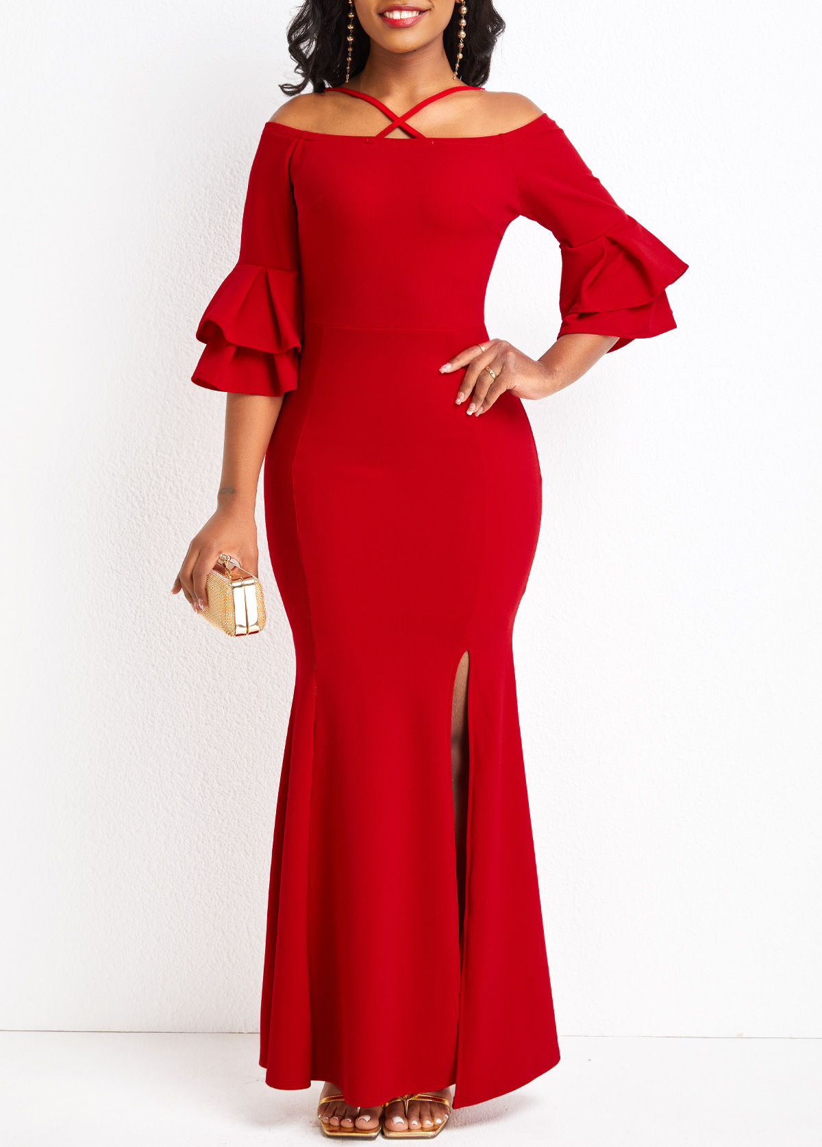ROTITA Criss Cross Red Off Shoulder Bodycon Maxi Dress