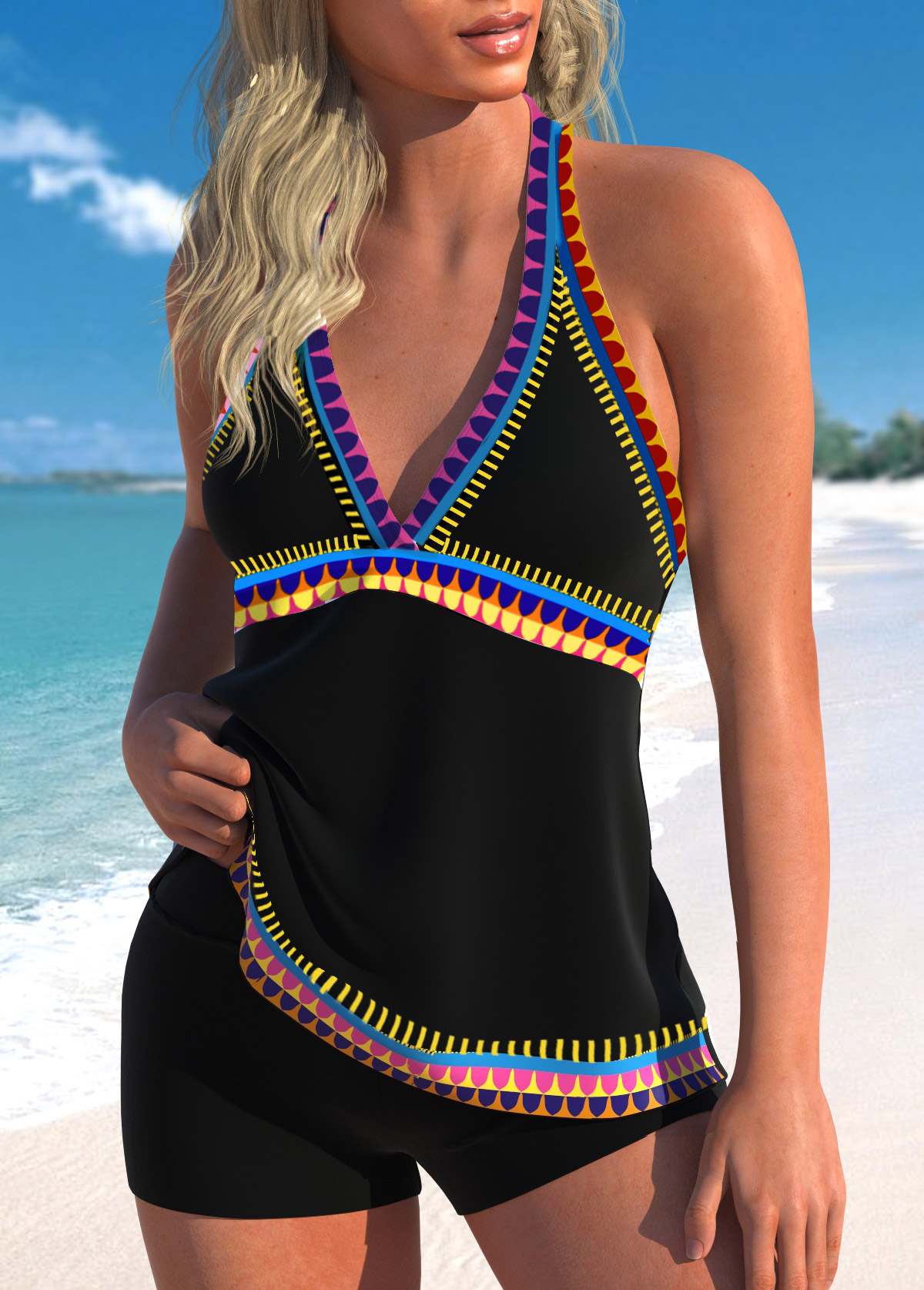 Black swimwear,Tribal swimwear,ROTITA Patchwork Black Tribal Print Tankini Top