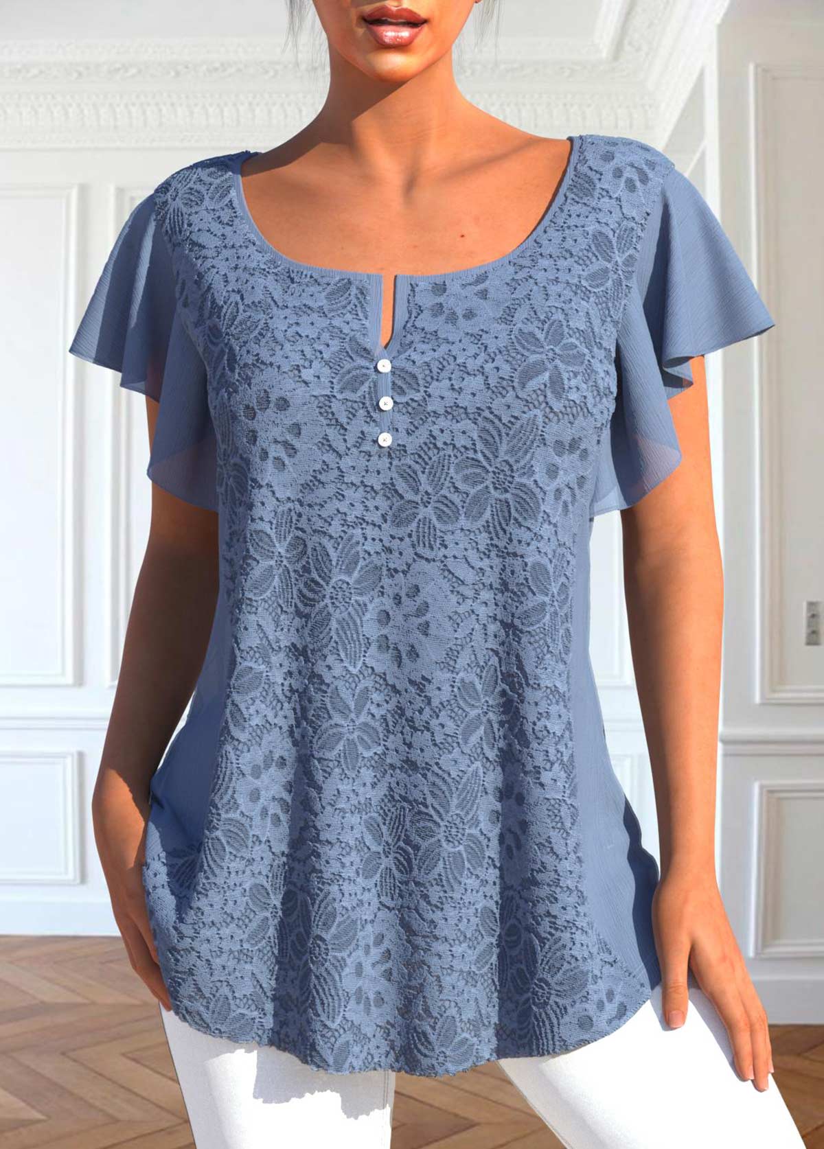 ROTITA T-shirt à col fendu en dentelle bleu poussiéreux