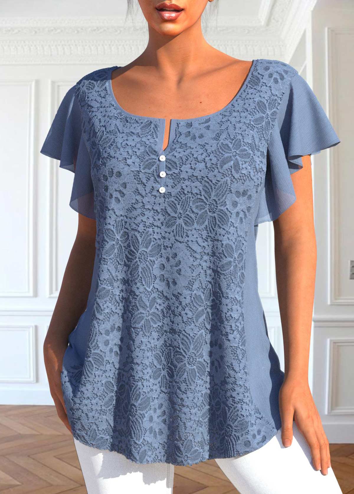 Dusty Blue tops,Plain Color tops,ROTITA Lace Dusty Blue Split Neck T Shirt