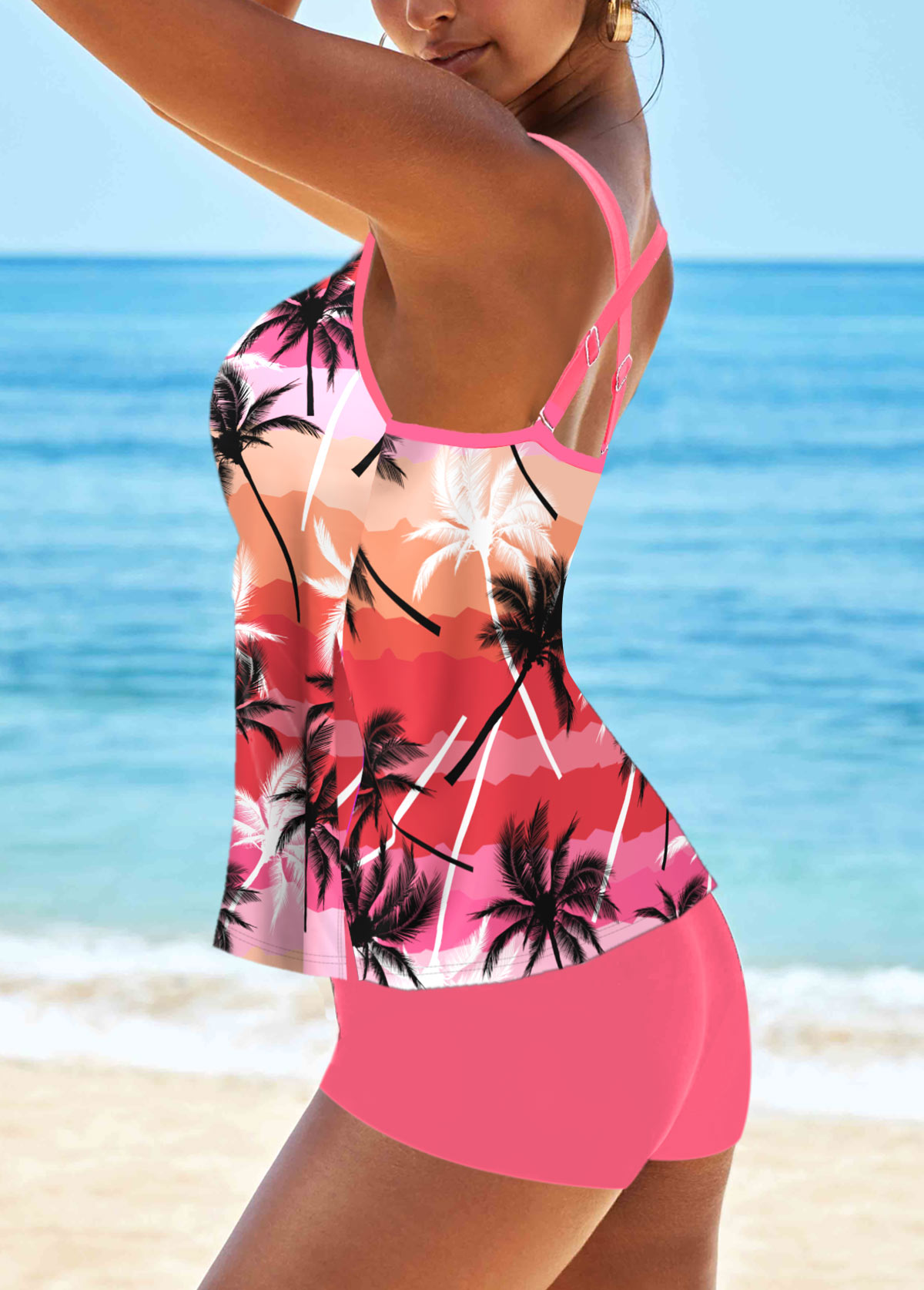 Pink swimwear,Plants swimwear,ROTITA Criss Cross Pink Leaf Print Tankini Set