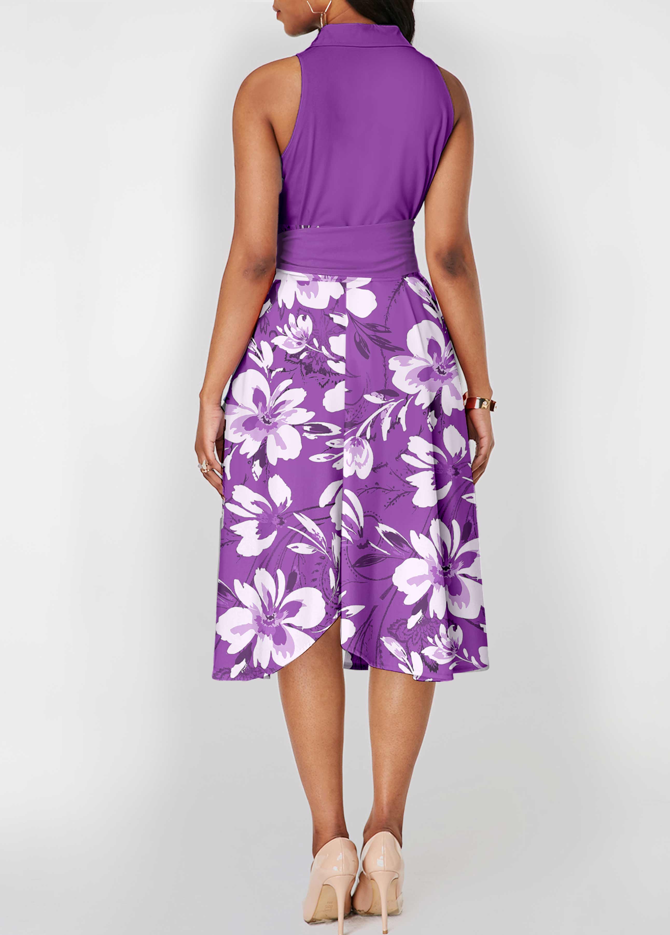 Purple dresses,Floral dresses,ROTITA Tie Floral Print Purple Belted Shirt Collar Dress