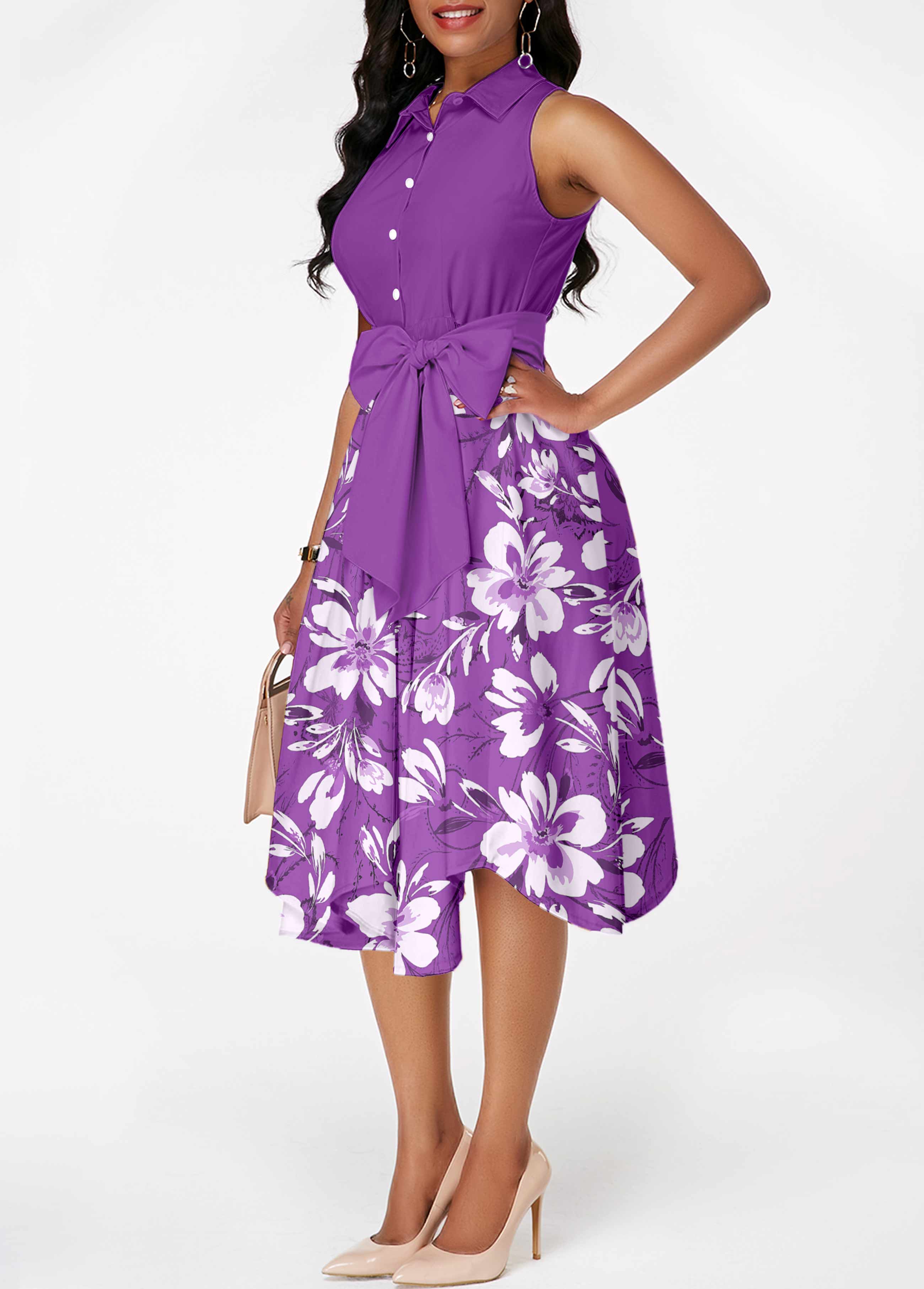 Purple dresses,Floral dresses,ROTITA Tie Floral Print Purple Belted Shirt Collar Dress
