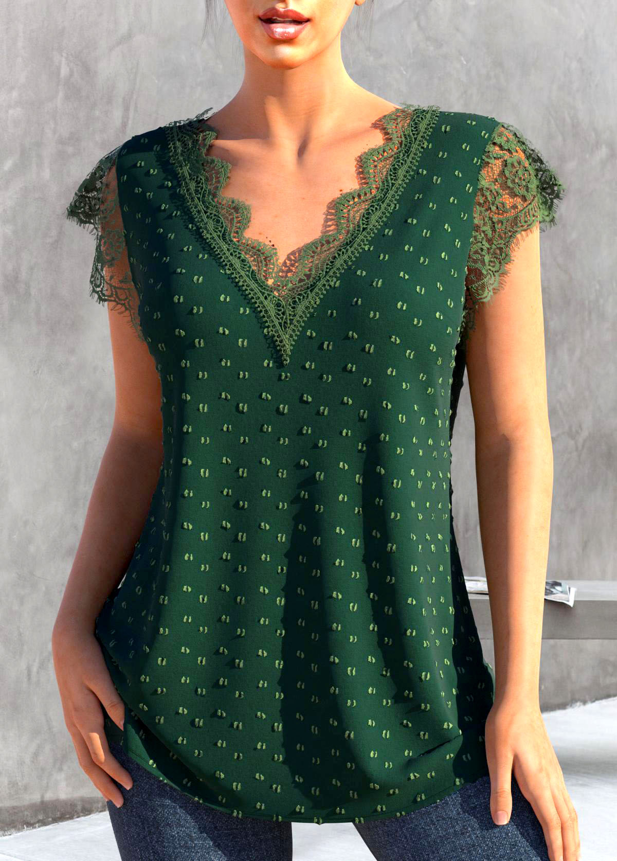 Green tops,Plain Color tops,ROTITA Patchwork Green V Neck Short Sleeve T Shirt