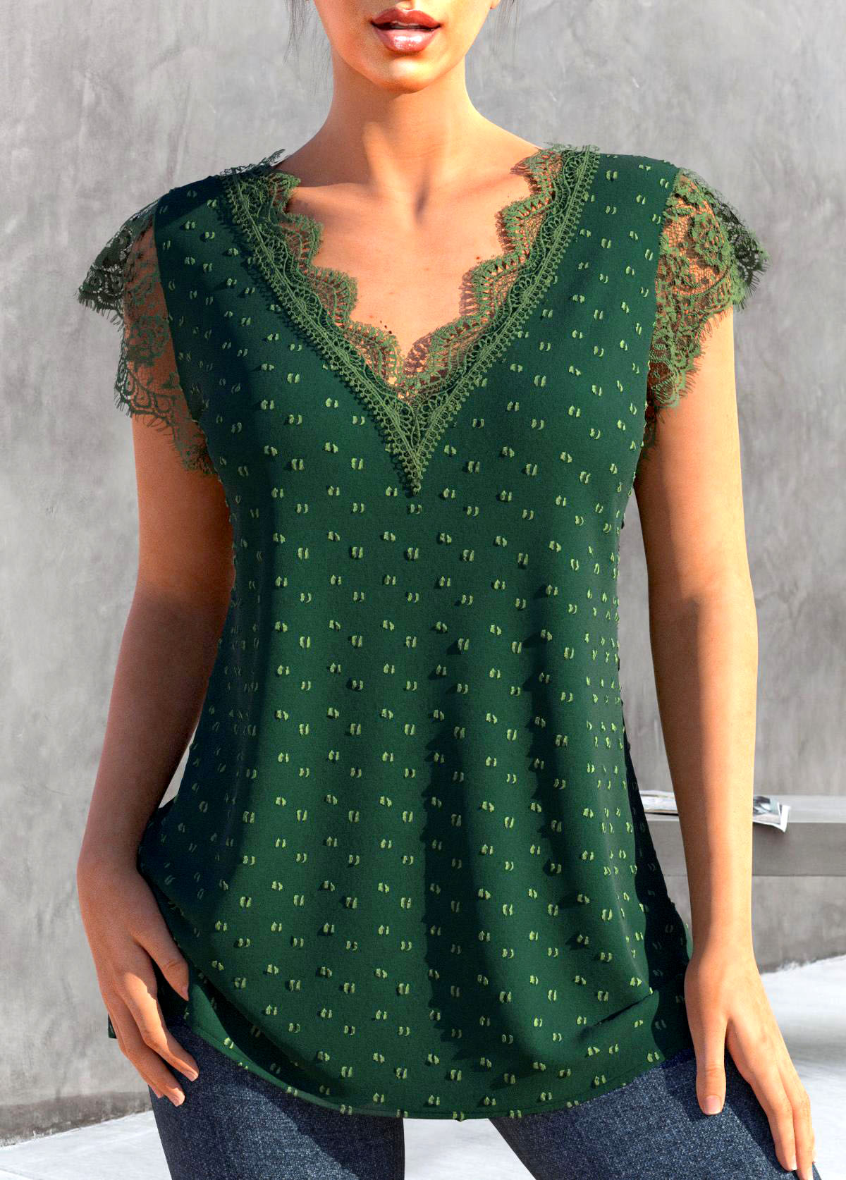 Green tops,Plain Color tops,ROTITA Patchwork Green V Neck Short Sleeve T Shirt