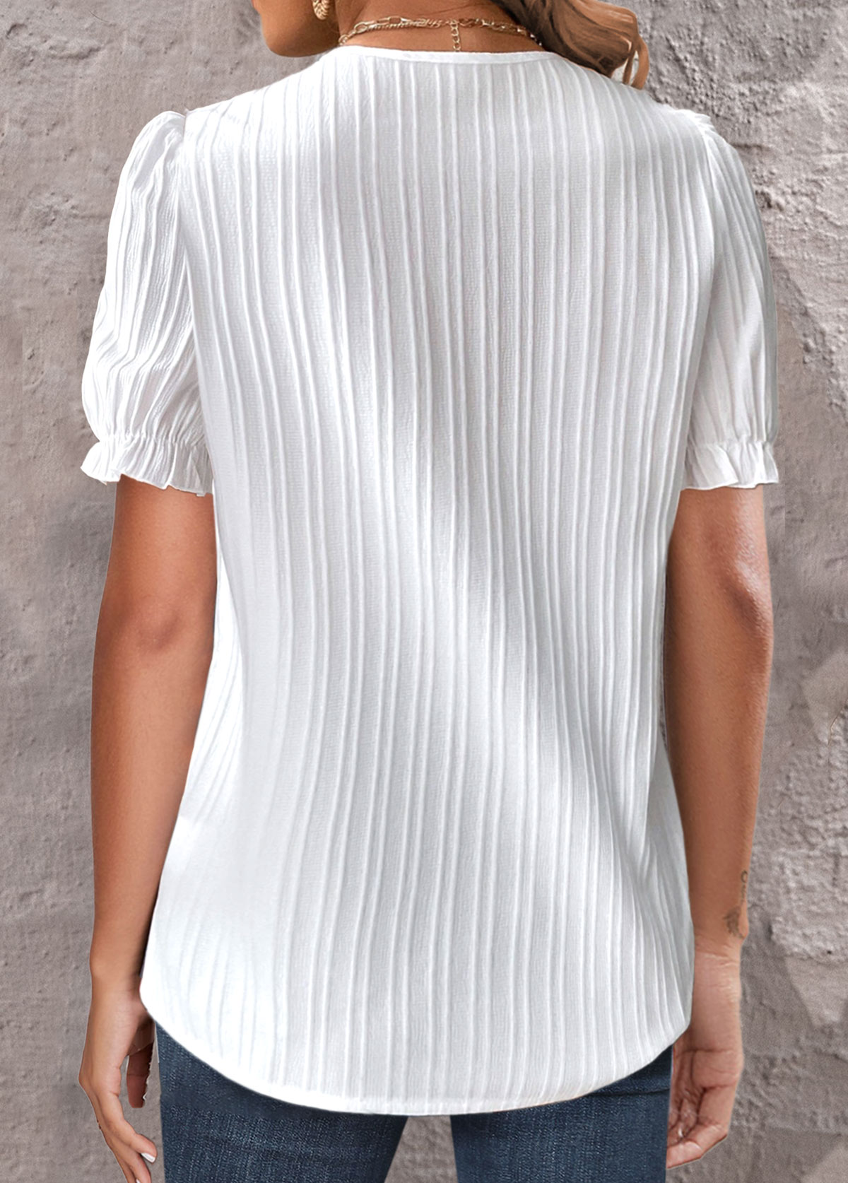 White tops,Plain Color tops,ROTITA Patchwork White V Neck Short Sleeve Blouse
