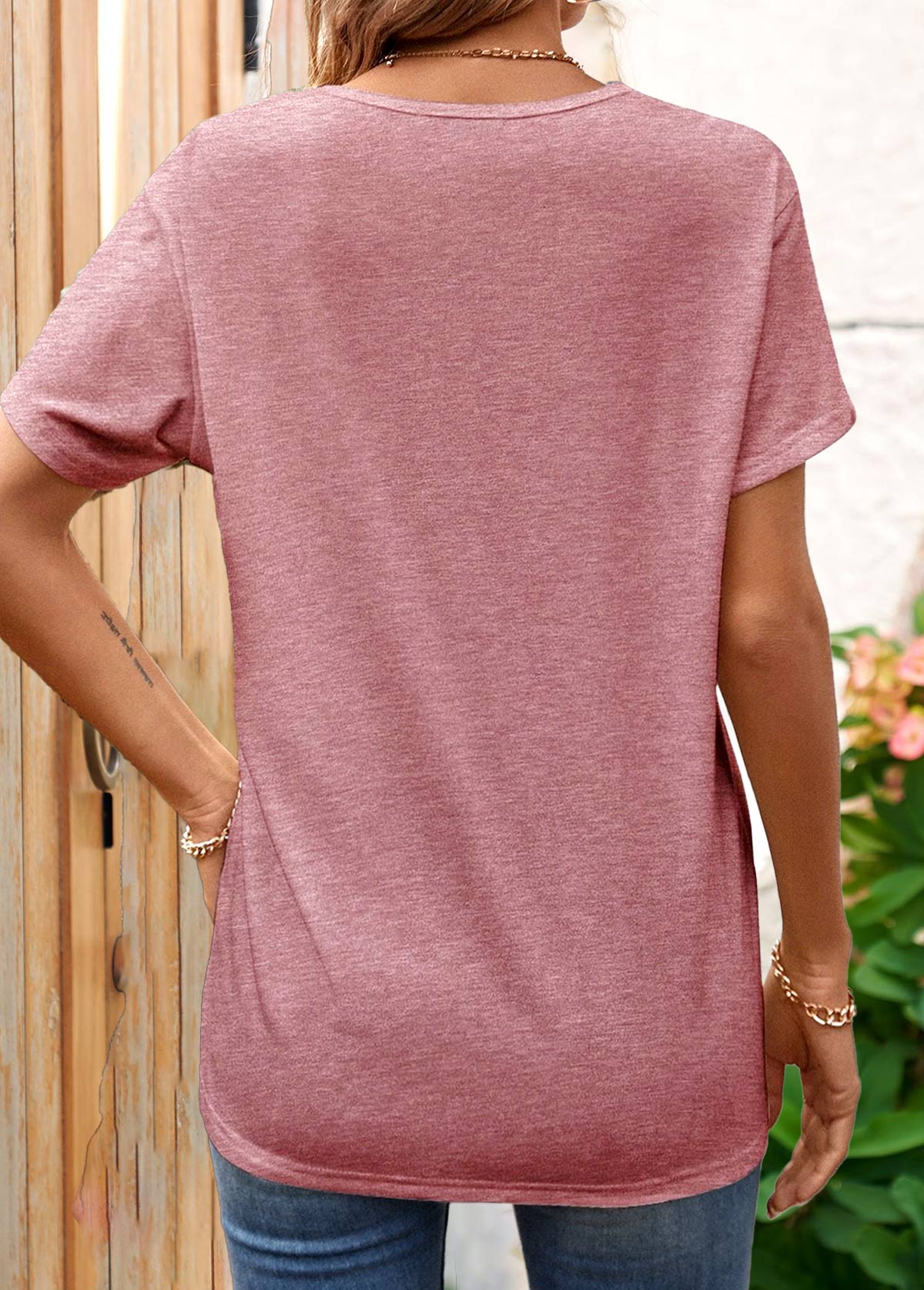 ROTITA Criss Cross Dusty Pink V Neck T Shirt
