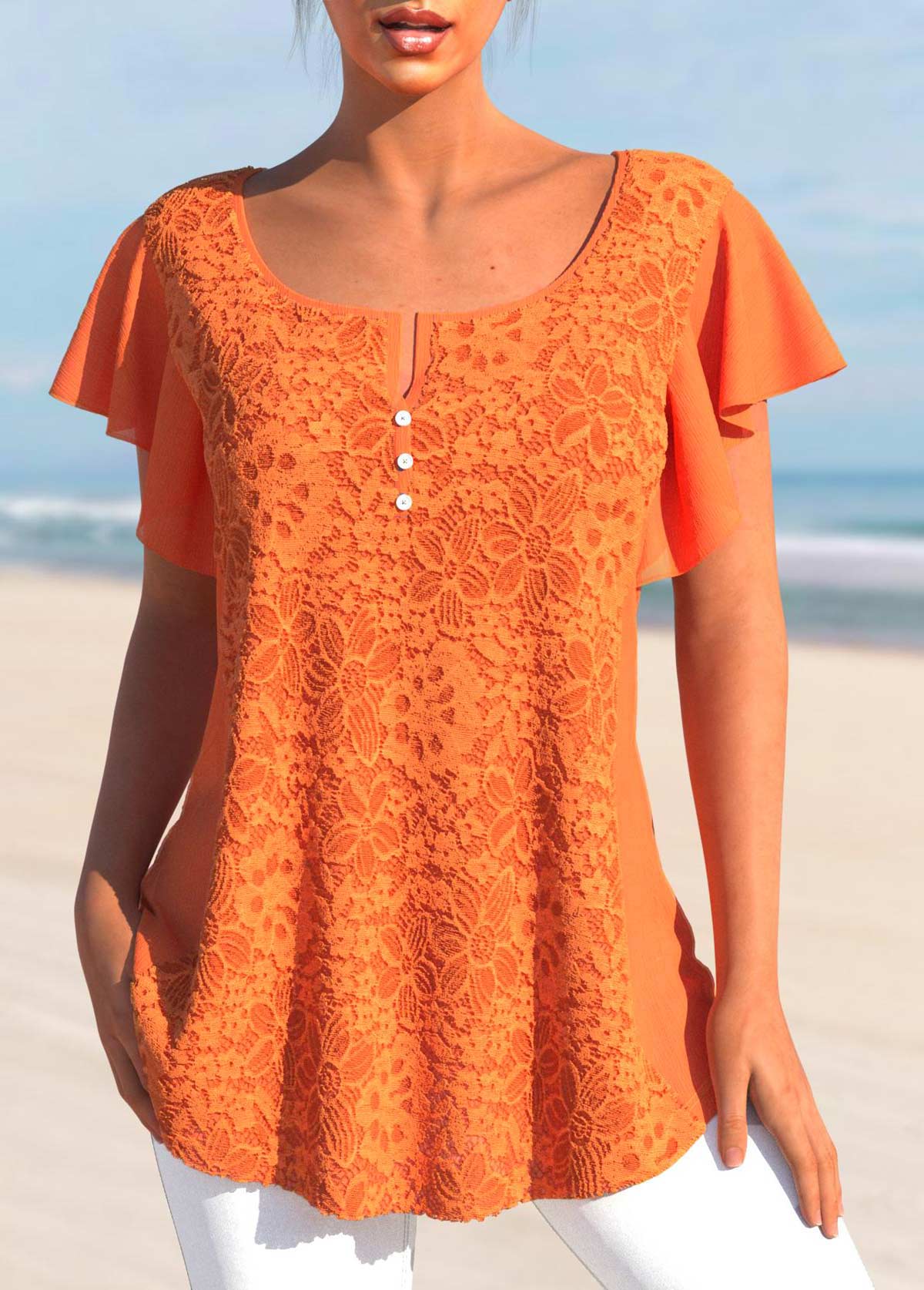 Rotita Lace Orange Kurzarm-T-Shirt mit geteiltem Ausschnitt