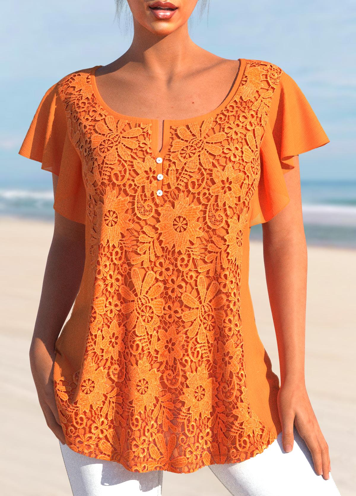 Orange tops,Plain Color tops,ROTITA Lace Orange Split Neck Short Sleeve T Shirt