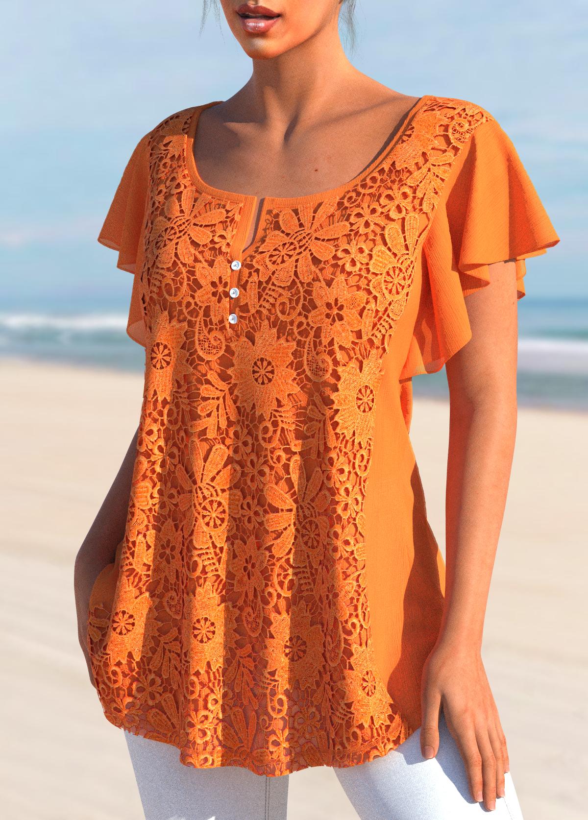 Orange tops,Plain Color tops,ROTITA Lace Orange Split Neck Short Sleeve T Shirt