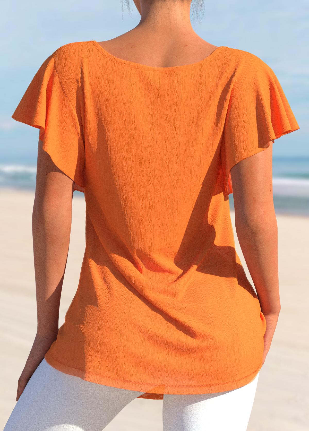 Orange tops,Plain Color tops,ROTITA Lace Orange Split Neck Short Sleeve T Shirt