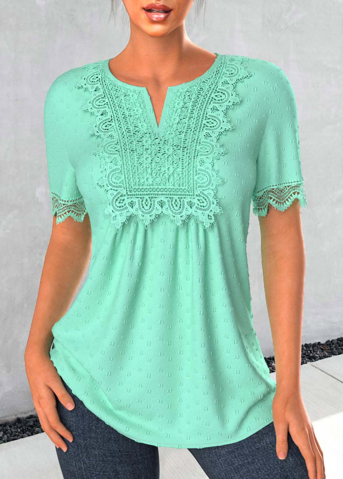 Mint Green tops,Plain Color tops,ROTITA Patchwork Mint Green Split Neck Short Sleeve Blouse