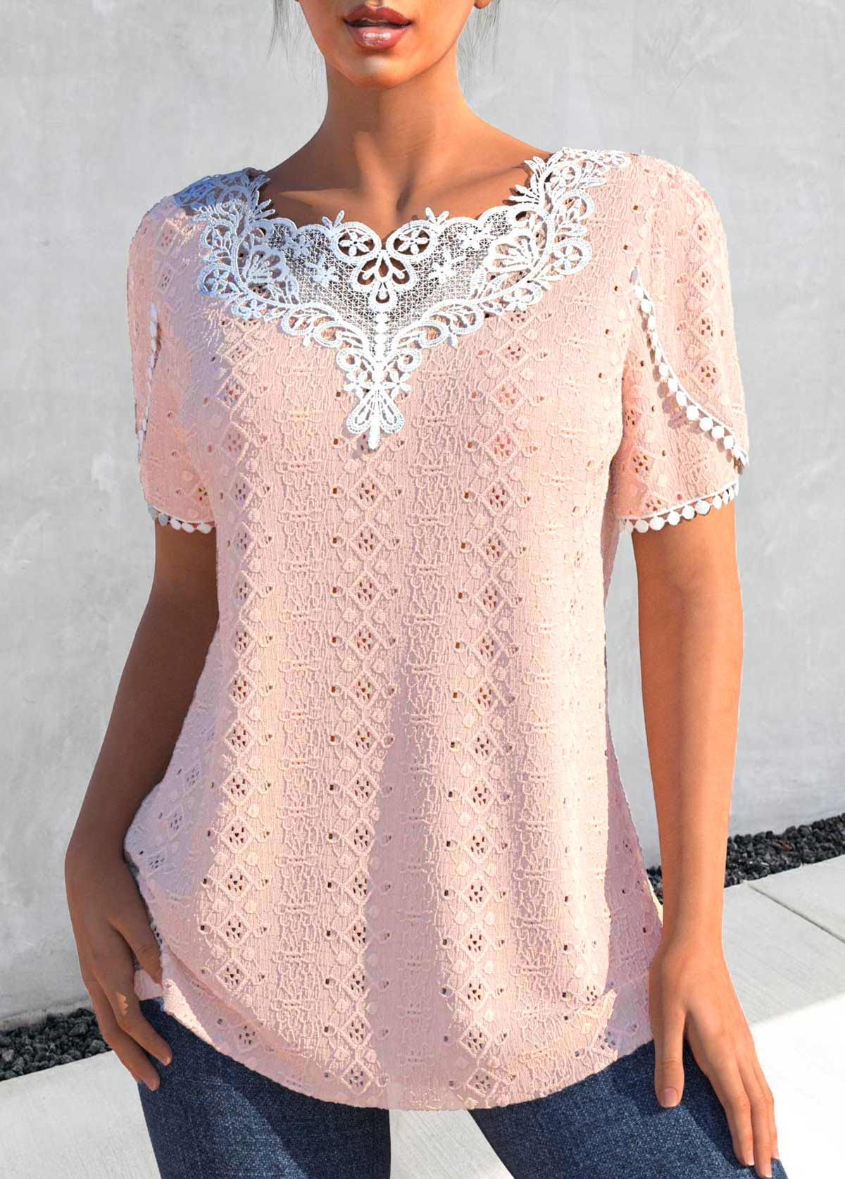 Dusty Pink tops,Plain Color tops,ROTITA Patchwork Dusty Pink Round Neck T Shirt