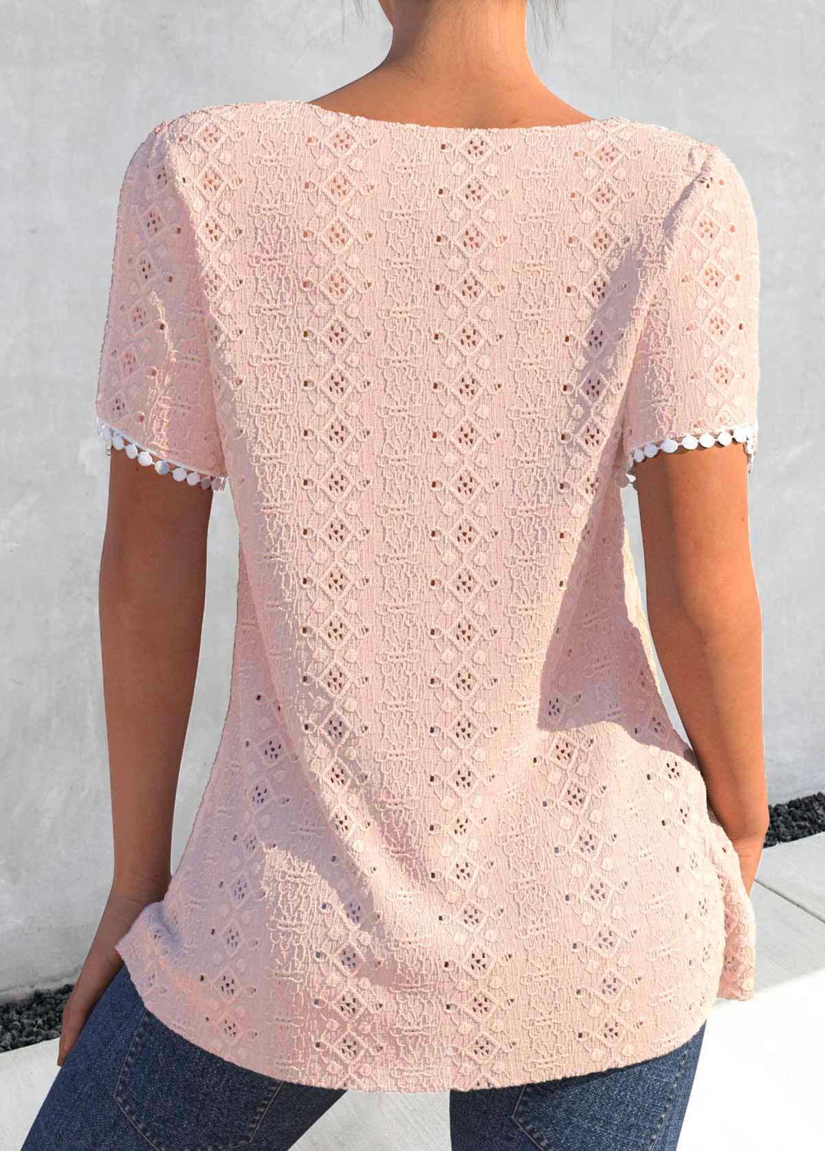 Dusty Pink tops,Plain Color tops,ROTITA Patchwork Dusty Pink Round Neck T Shirt