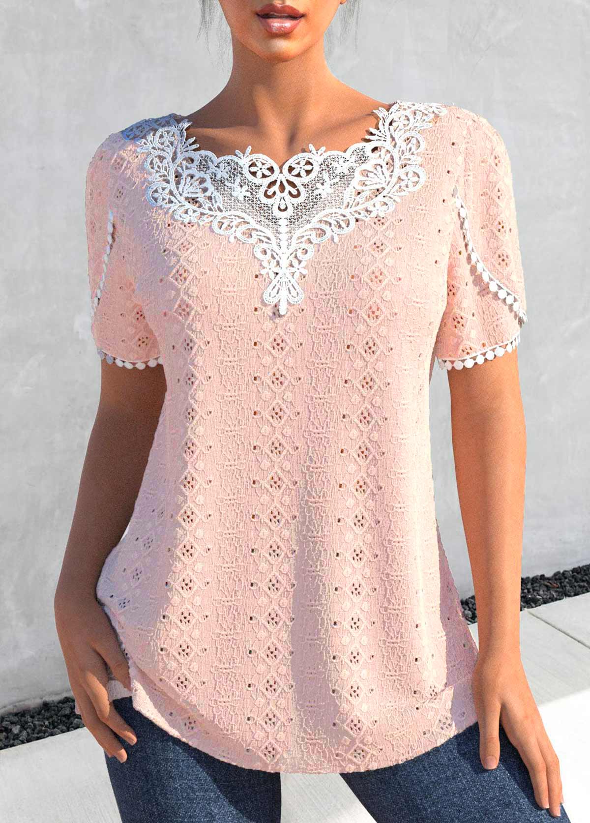 Dusty Pink tops,Plain Color tops,ROTITA Patchwork Dusty Pink Round Neck T Shirt