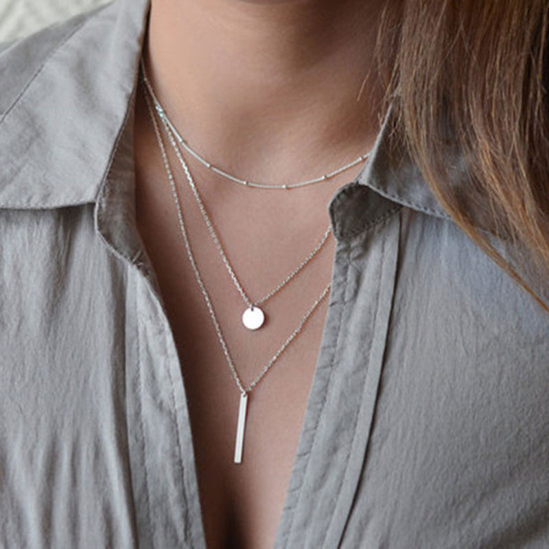 Silver jewelry,Geometric jewelry,Round Geometric Pattern Alloy Detail Silver Necklace