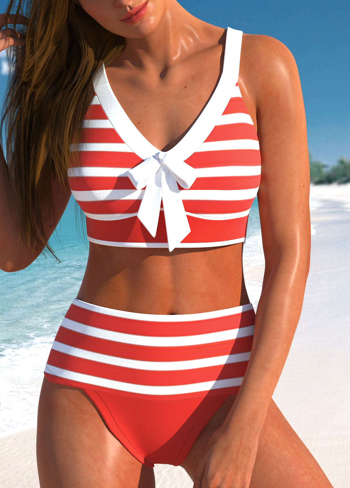 Coral swimwear,Striped swimwear,Contrast Color swimwear,ROTITA Patchwork Coral Striped High Waisted Bikini Set