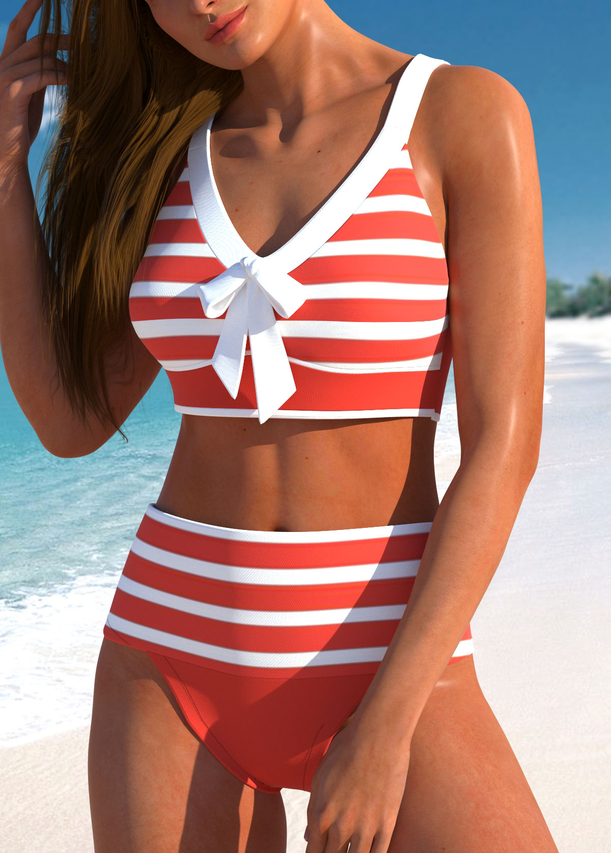 Coral swimwear,Striped swimwear,Contrast Color swimwear,ROTITA Patchwork Coral Striped High Waisted Bikini Set