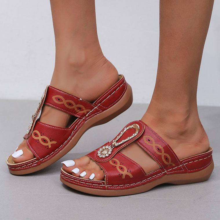 Wine Red accessories,Geometric accessories,Wine Red Metal Low Heel Open Toe Sliders