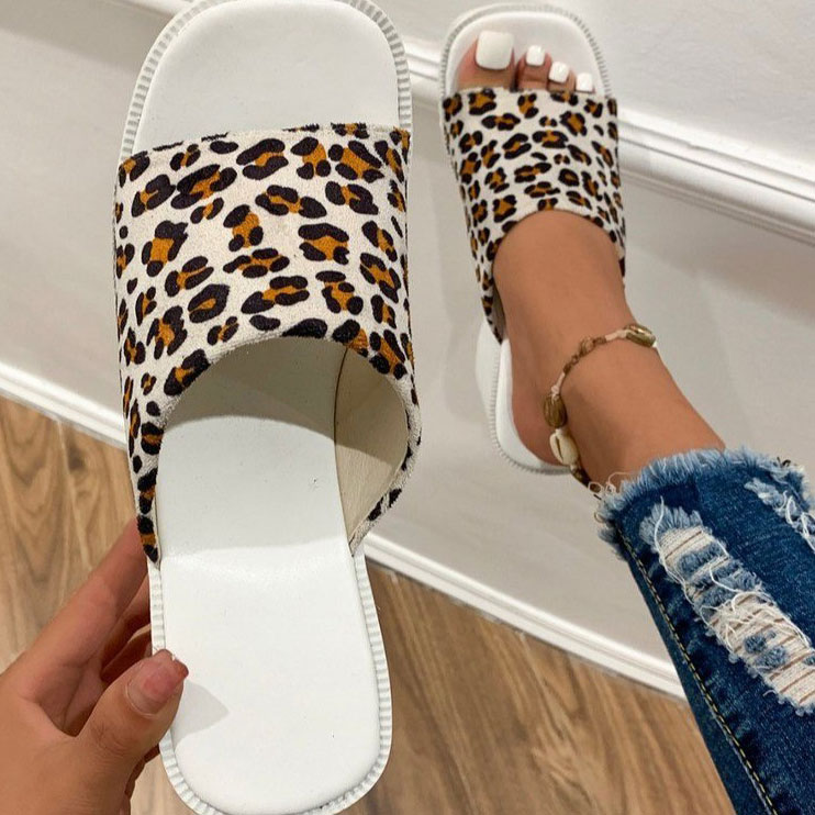 White accessories,Leopard accessories,Leopard White Mid Heel Open Toe Sliders