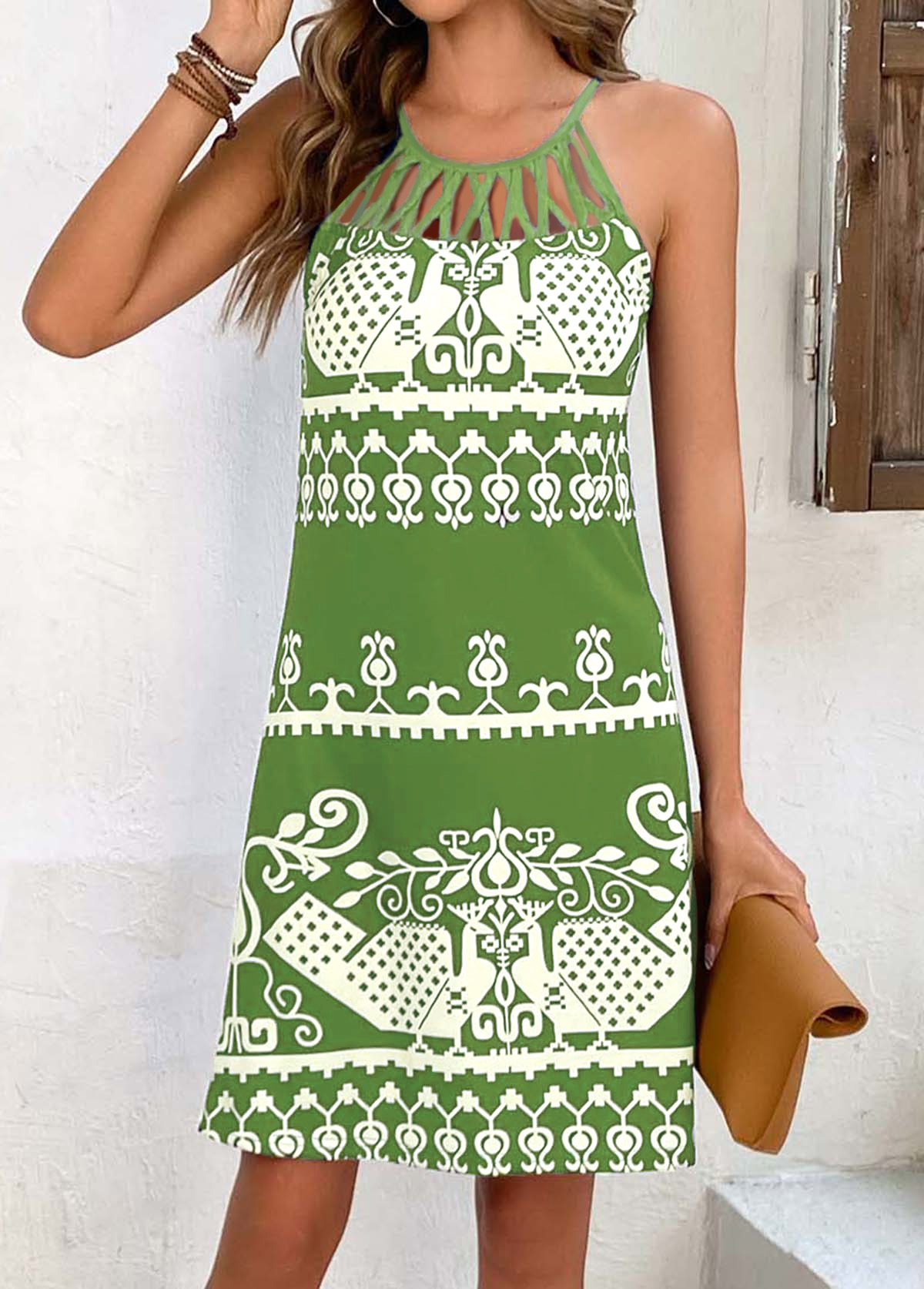 Avocado Green dresses,Tribal dresses,Geometric dresses,Plants dresses,Animal Print dresses,Cage Neck Tribal Print Avocado Green Dress