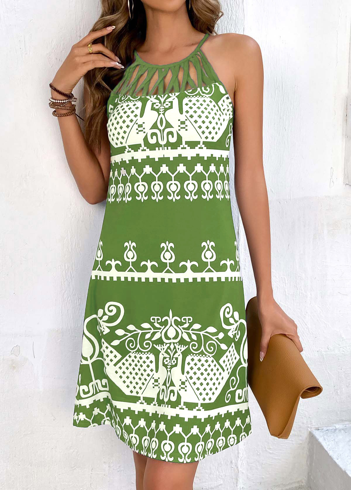 Avocado Green dresses,Tribal dresses,Geometric dresses,Plants dresses,Animal Print dresses,Cage Neck Tribal Print Avocado Green Dress