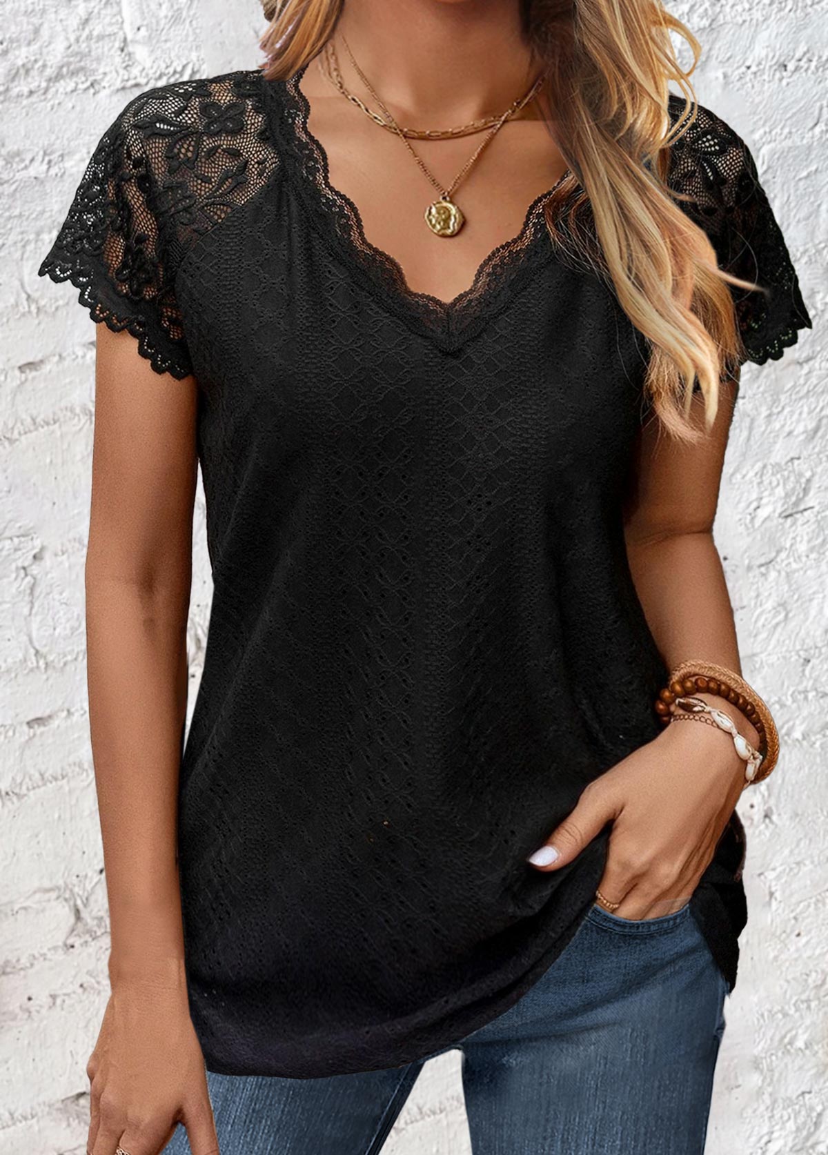 ROTITA Lace Black V Neck Short Sleeve T Shirt