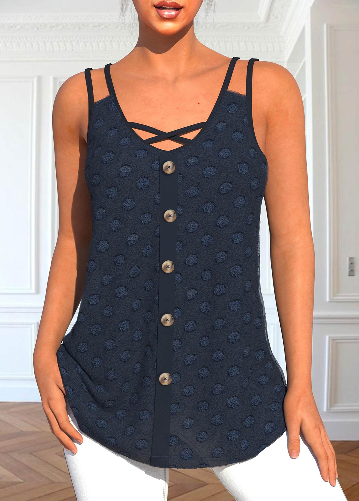 Navy tops,Contrast Color tops,ROTITA Button Navy V Neck Tank Top