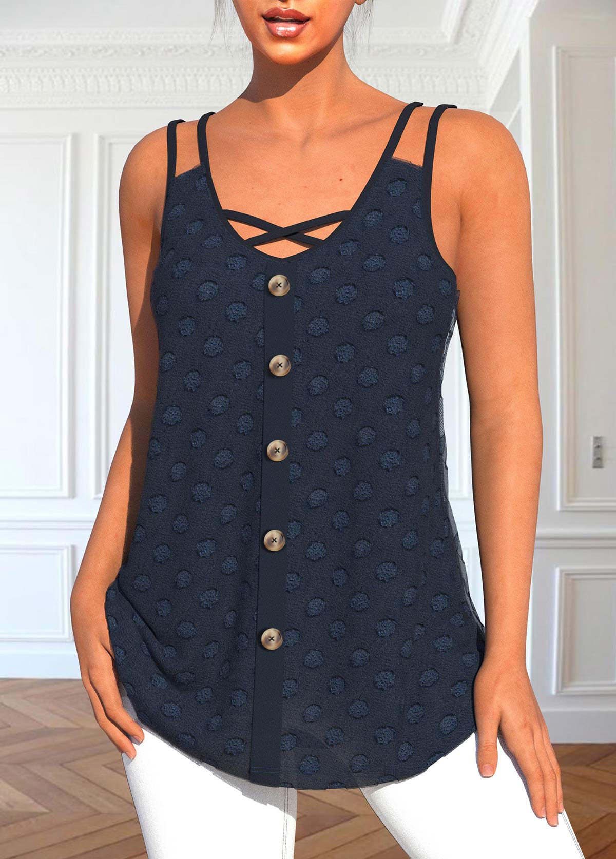 Navy tops,Contrast Color tops,ROTITA Button Navy V Neck Tank Top