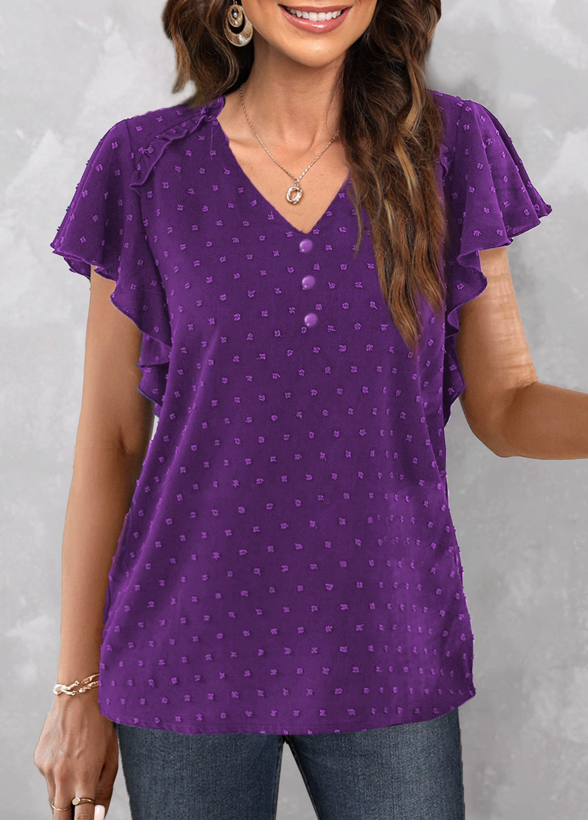 Purple tops,Plain Color tops,ROTITA Button Purple V Neck Short Sleeve Blouse
