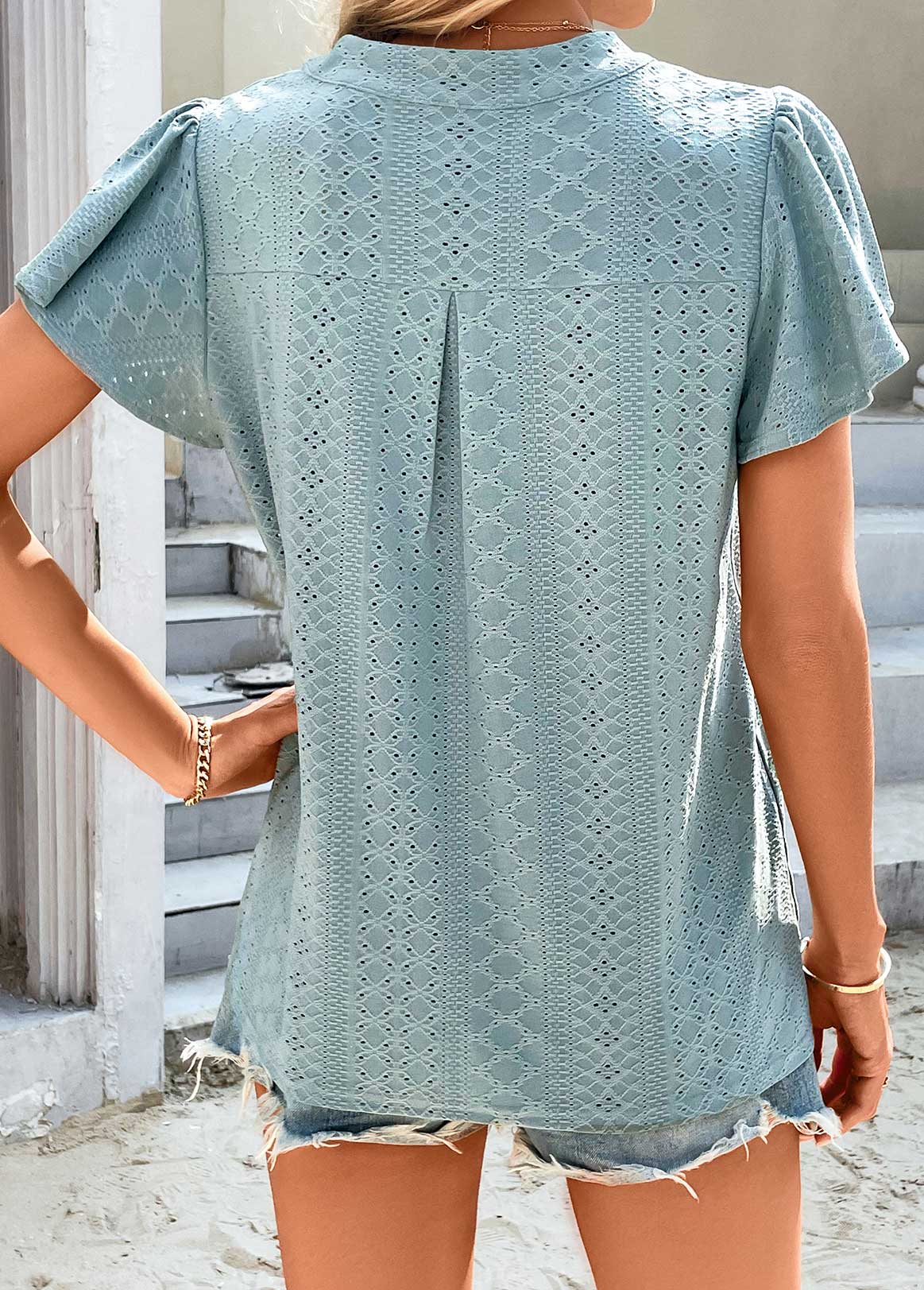 Dusty Blue tops,Plain Color tops,Dusty Blue Split Neck Short Sleeve T Shirt