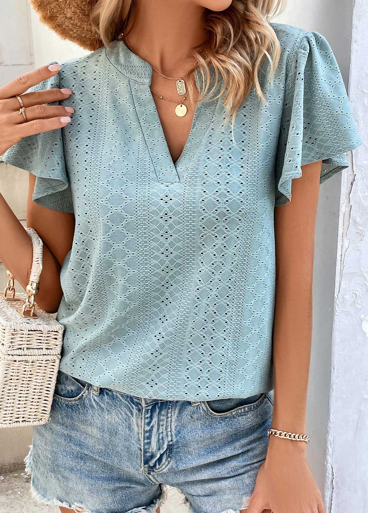 Dusty Blue tops,Plain Color tops,Dusty Blue Split Neck Short Sleeve T Shirt