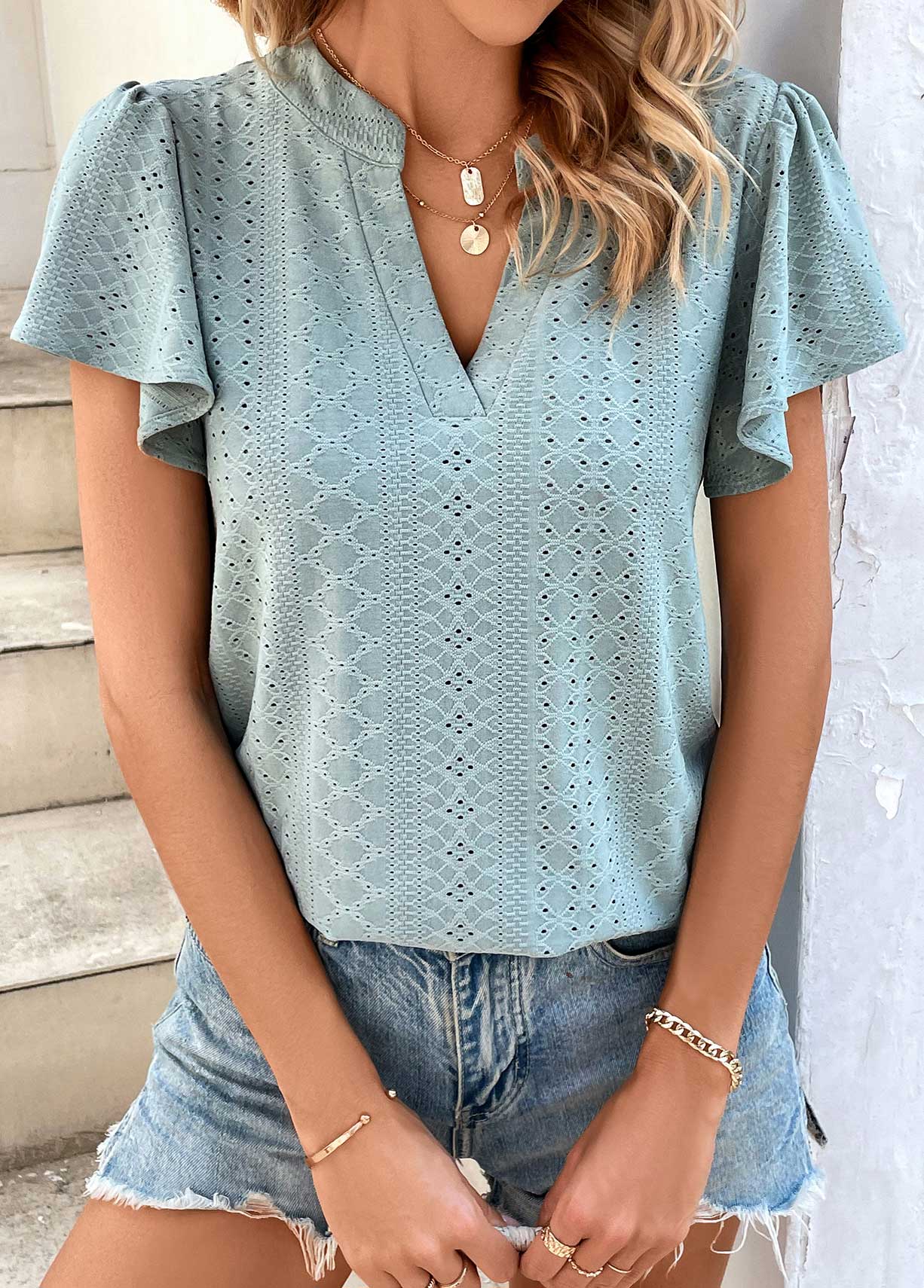 Dusty Blue tops,Plain Color tops,Dusty Blue Split Neck Short Sleeve T Shirt